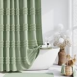 Dynamene Sage Green Fabric Shower Curtain, Tufted Chenille Striped Textured Cloth Shower Curtains for Bathroom, Boho Farmhouse Shabby Chic Waterproof Shower Curtain Set with Hook, Wrinkle Free, 72x72
