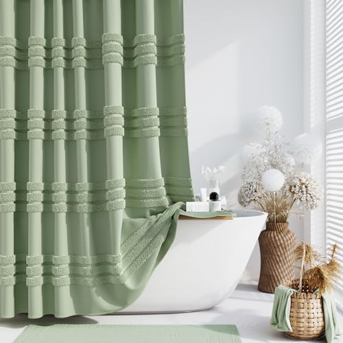 Dynamene Extra Long Shower Curtains, 84 Inches Long Textured Tufted Chenille Striped Fabric Bathroom Shower Curtain, Tall Modern Shabby Chic Cloth Shower Curtain Set with Hooks, Sage Green, 72x84