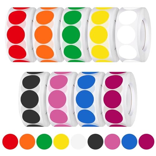 ROSYLEVE 4500 Piezas 25mm Gomets Colores Surtidos, 9 Rollo Pegatinas Redondas Adhesivos Colores Codificación Etiquetas Adhesivas para Calendario Hogar Oficina Escuela (500 Piezas/Rollo)