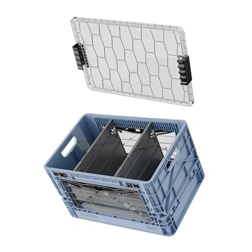 SIDIO Full-Size Collapsible Crate - Heavy Duty Stackable Storage Bin with Lid & 2 Short-Ways Dividers, Durable Plastic Organizer for Home, Office, Garage & Outdoor Use (Navy Gray)
