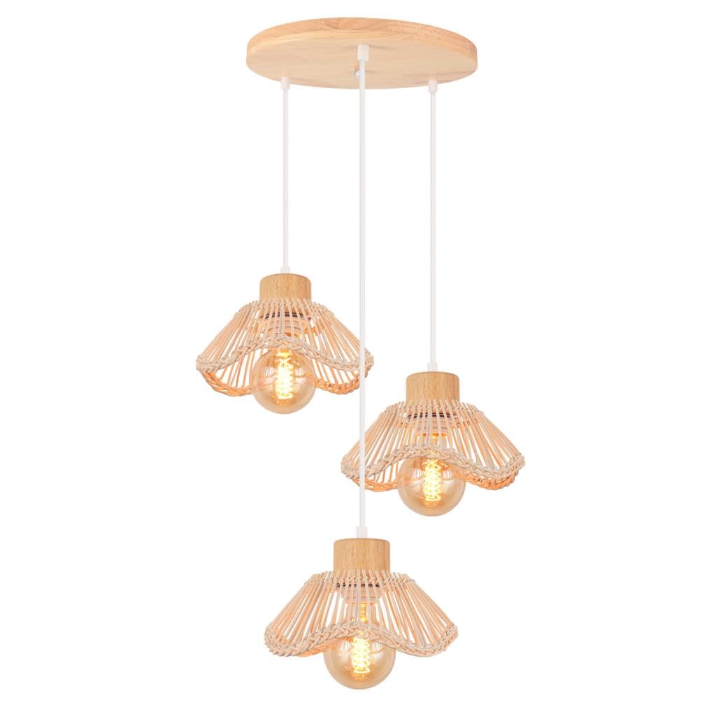 3 lampade a sospensione in bambù intrecciato, lampada a sospensione in stile Boho per interni lampadario soggiorno in rattan, vintage, in legno, per camera da letto, corridoio, cucina, caffè