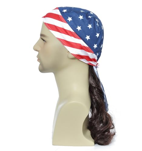 Image of Features USA flag star & stripe print, integrated wig with bandana, long curly mullet hairstyle, classic patriotic style, elastic stretch fit, no extra matching needed. (Medium Brown)