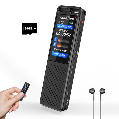 64GB Voice Activated Recorder with Playback, Vandlion 1536Kbps Digital Audio Recording Device (70Hrs Recording Time) with Noise Reduction, Password for Lectures Meetings Interviews Classes
