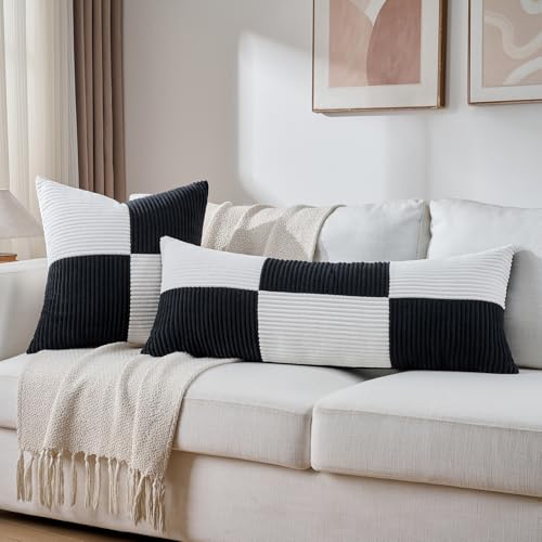 Image of Fancy Homi Set of 2 Black White Decorative Throw Pillow Covers 20x20 Inch for Living Room Couch Bed Sofa, Farmhouse Boho Home Decor, Soft Cross Corduroy Patchwork Accent Square Cushion Case 50x50 cm