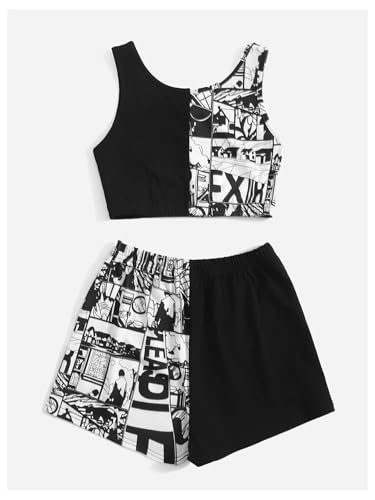 Image of OYOANGLE Girl's 2 Piece Outfits Graphic Crew Neck Crop Tank Top and Shorts Set Tracksuit Black and White 9Y
