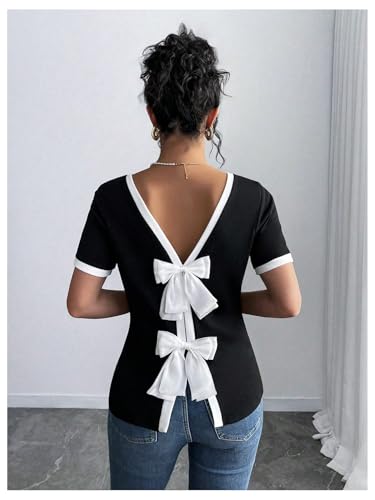 SOLY HUX Women's Bow T Shirt Short Sleeve Crew Neck Tee Casual Summer Tops4