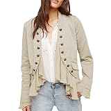 Yioaga Women Casual Ruffles Jacket High Low Hem Steampunk Blazers Button up Romance Open Front Cotton Cardigan(Beige,XL)