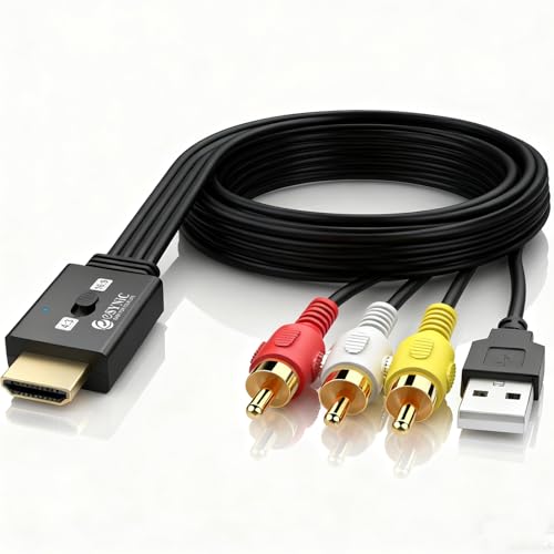 eSynic RCA to HDMI Cable Converter 3D 1080P@60Hz–1.5M/5FT Long AV Cable to HDMI Adapter-Plug & Play With 4:3/16:9 Aspect Ratio Switch Support NTSC/PAL for VCR/DVD/VHS to Modern TV [Not Bi-Directional]