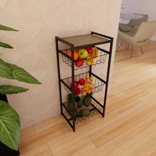 Fruteira 3 Cestos Cozinha Preta Em Aço Base Mdf Amadeirado