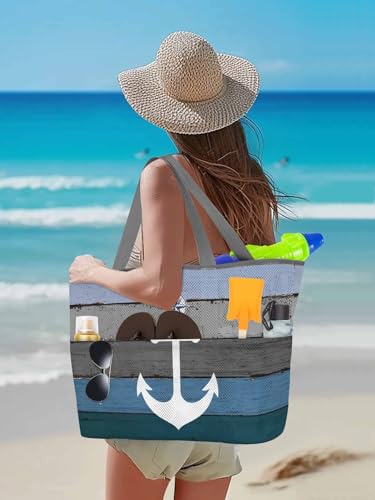 Mesh Beach Bag Oversized Tote Bags for Women Nautical Anchor Ocean Theme Large Travel Pool Bags with 8 Pockets3