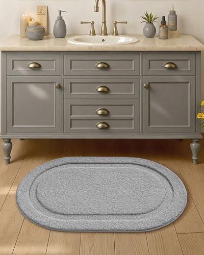 Image of Color&Geometry Oval Grey Bathroom Rugs 43x24, Extra Soft Absorbent Microfiber Bath Rugs, Non-Slip Bathroom mat, Washable Plush Bath Mats for Bathroom, Shower, Bathtub, Laundry, Light Grey