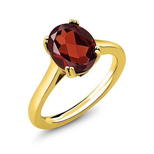Gem Stone King 3.63 Cttw Oval Red Garnet and White Diamond 18K Yellow Gold Plated Silver Solitaire Ring For Women | Gemstone Birthstone | Available In Size 5, 6, 7, 8, 9