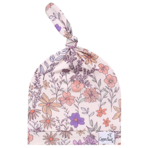 Copper Pearl, Baby Beanie Hat Top Knot Stretchy Soft Florals3