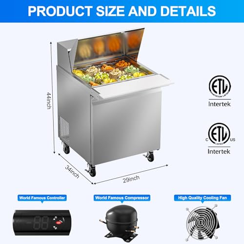 Image of Rockitch 29 inch W Commercial Sandwich Prep Table Refrigerator, 7.6 Cu.ft Stainless Steel Mega Top Sandwich Prep Table with 12 Pans, Single Door Salad Prep Station for Restaurant Food Prep, ETL Approved