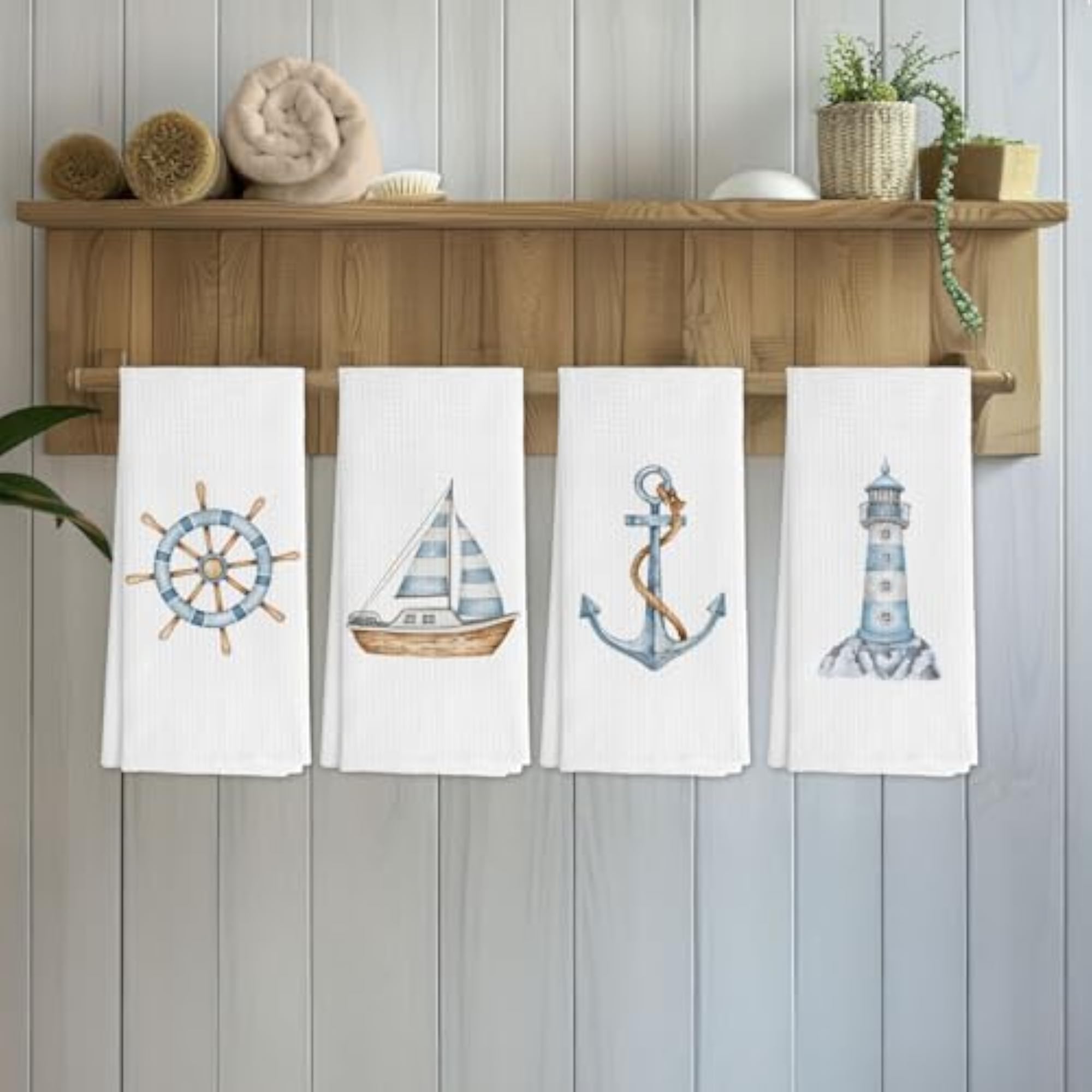 Retro Nautical Kitchen Towels Set of 4, Beach Decor