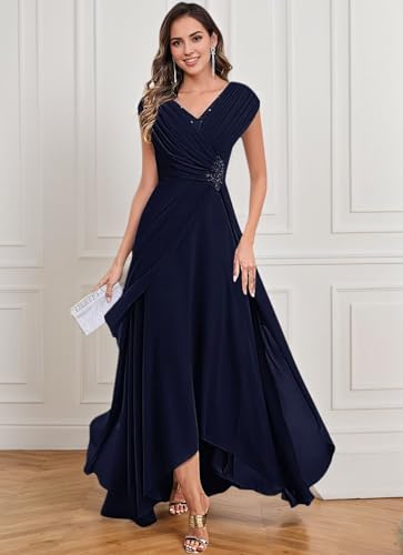 Lace Appliques Long Mother of The Bride Dresses for Women Cap Sleeves Formal Dress Hi-Lo V Neck Evening Gowns4