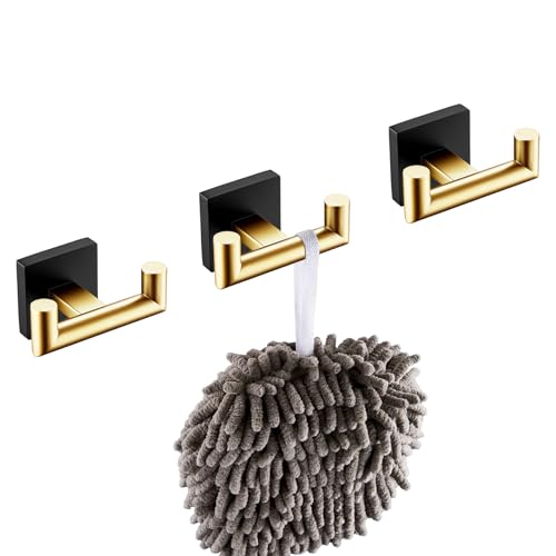 Image of KOKOSIRI Robe Hooks Bath Towel Hooks Bathroom Hardware Double Coat Hooks Wall Mounted, Stainless Steel 3 Pack Black with Gold B1015GDK-P3
