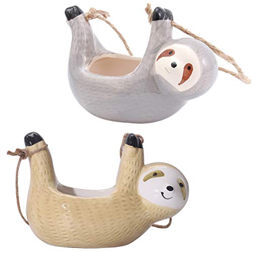 2Pcs Sloth Ceramic Hanging Succulent Planters Pottery Bonsai Succulents Cactus Flower Pot Air Plant Vase Holder With Jute Rope For Indoor Outdoor Decoration Style 1 #TOP15