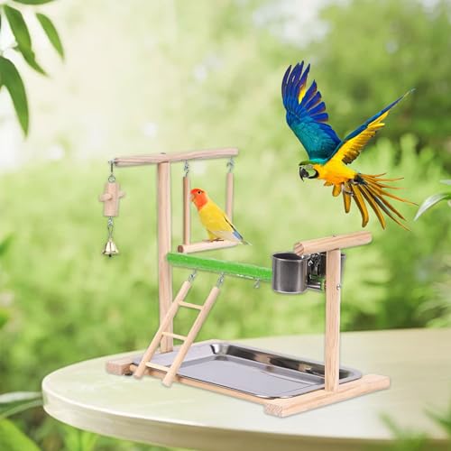 Image of Bird Playground, Natural Wood Bird Perch Stand with Removable Tray and 2 Stainless Steel Feeder Cups, Parrot Playstand Bird Cage Toys for Conure Parakeet Cockatiel Parrot (C)