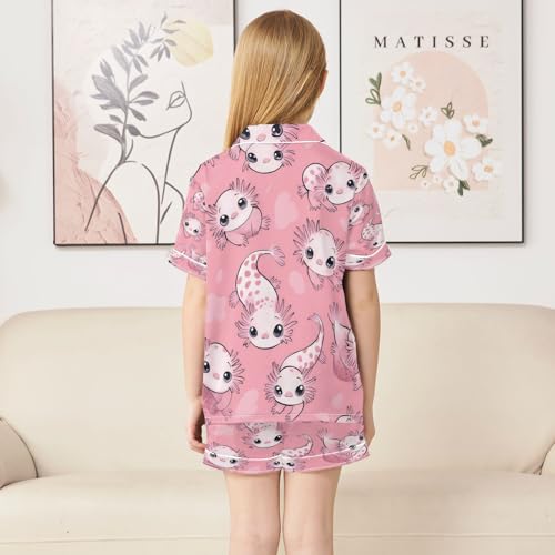 Satin Pajama Sets Short Sleeve Cute Axolotl Pink Button Down Silky Nightwear 2 Piece PJS 5-14Y4