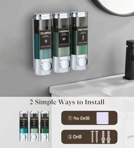 Image of Luxspire Shampoo and Conditioner Dispenser, Shower Soap Dispenser 3-Chamber | Lockable Large Capacity 900ml No-Drill Wall-Mounted Shampoo and Body Wash Dispenser for Bathroom Hotel Kitchen Airbnb
