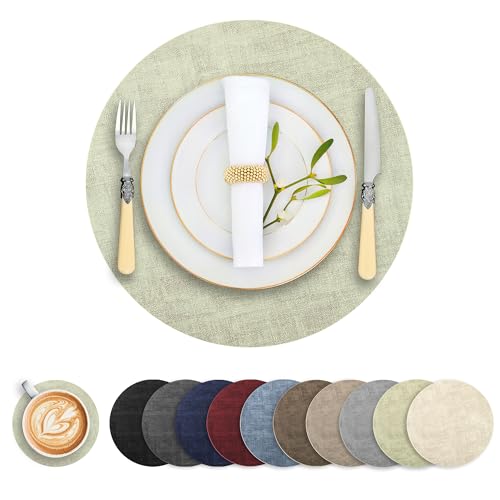 Round Faux Leather Placemats and Coasters, Set of 6, Reversible Heat Resistant Non-Slip Table Mats, Waterproof Wipeable Place Mats for Dining Table, Washable for Indoor & Outdoor (6, Light Green)