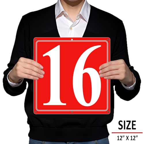 Image of Premium Aluminum Number Signs 16, Metal 12 inch X 12 inch Red Numbered Signs Outdoor for Parking Lots, Floor, Dock, Court, Aisle, Field, High Visibility, No Fade, Weather-resistant