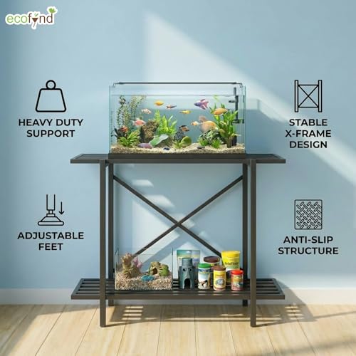 Image of ecofynd 2-Tier Fish Tank Stand, Double-Layer Aquarium Stand with Adjustable Table Feet, Heavy Metal Storage Rack Suitable for Home and Office, (Black, FS-PS049)