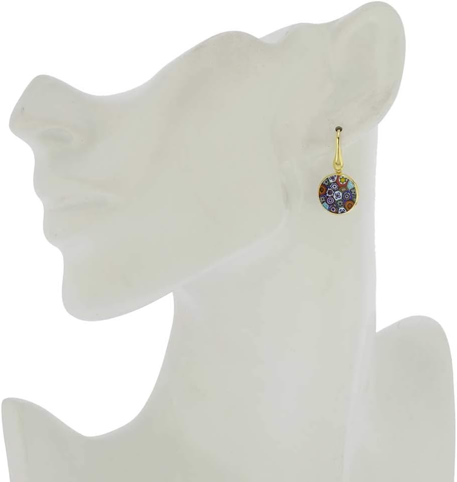Glass Of Venice Italian Murano Glass Earrings Dangle Round Multicolor Millefiori Flower In Gold-Plated Sterling Silver - Murano Glass Earrings For Women