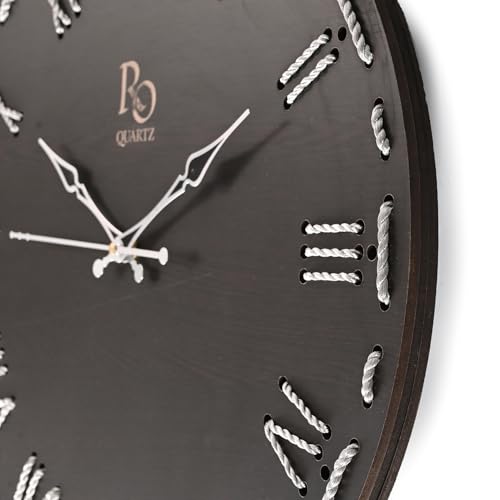 Image of Wooden Round Shape Roman Dial Wall Clock with Silver Hand and Silver Zari Rope Detailing | Stylish Silent Quartz Movement Anti Reflection Analog Vintage Clock for Home (Black, 15.5 Inch)