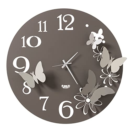 Arti & Mestieri Orologio da parete fiori e farfalle Piccolo ispirato alla natura, design 100% Made in Italy, diametro 45 cm (Fango e alluminio)