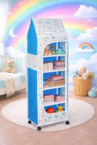 Image of YouCopia Baby Wardrobe Plastic Kids Storage Rack with Fabric Cover & Wheels | 6-Tier Plastic Shelves Organizer | Toy, Book & Clothes Storage Cabinet for Kids Room (Dinosaur)