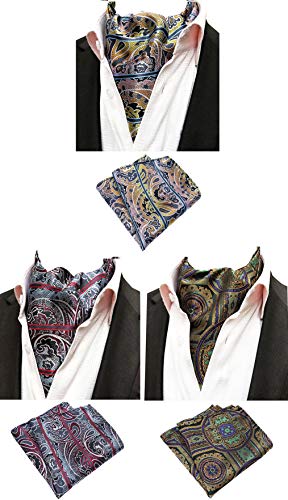 MOHSLEE Men 3 Pack Striped Paisley Cravat Silk Ascot Scarf Tie Pocket Square Set