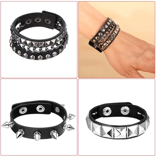Punk Studded Bracelet 4 Pcs Black Leather Spiked Bracelet Cuff Punk Rock Rivet Cuff Emo Bracelets Wrap Bangle Snap Button Metal Wristband Emo Accessories for Men Women (Gothic Style)3