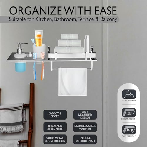 Image of Zureni 4-in-1 Shelf Rack for Bathroom 304 Grade Stainless Steel Multipurpose Towel Hanger Liquid Dispenser Toothbrush Holder Wall Mount Accessories Storage Stand Home Washroom (1 Pc, 18 inchx5 inch, 1010)