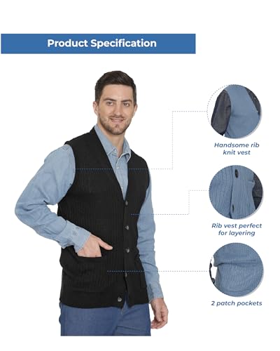 Men's Sweater Vest-Rib Knit Sleeveless Cardigan Front Buttons & Pockets,Relaxed Fit-Ideal Knit Vest for Casual & Formal Wear4