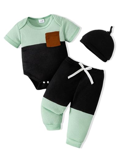 Image of NZRVAWS Newborn Baby Boy Clothes Ribbed Knitted Romper Pants Color Block Infant Outfits Hat Clothing Set 0 3 6 9 12 Months