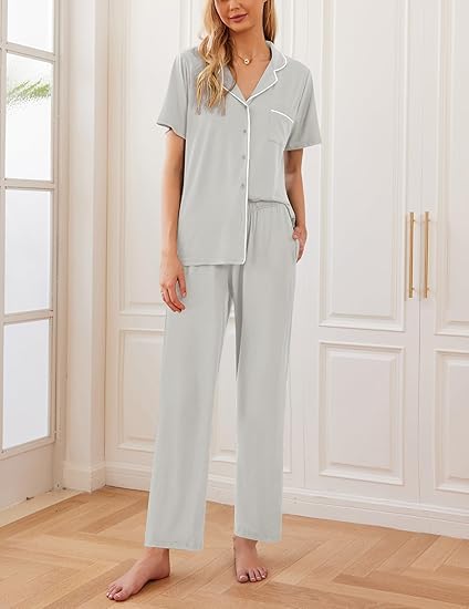 Image of Ekouaer 2 Pack:Womens Pajamas Short Sleeve Pjs Notch Collar Button Up Loungewear Cozy Sleepwear Sets