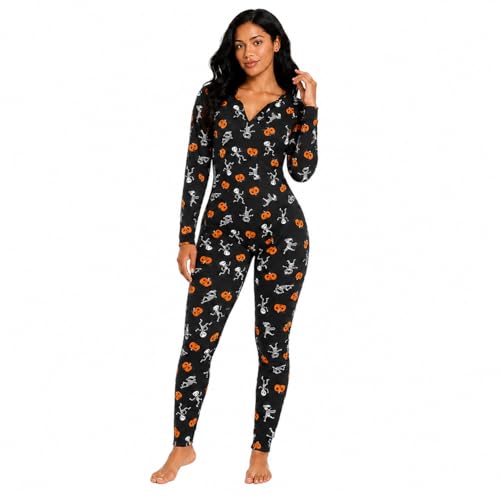 JoyFuncos Halloween Pumpkin Pajamas Onesie Women Sexy Skeleton One Piece Romper Long Sleeve Bodycon Jumpsuit Sleepwear for Adult (UK Alpha XL Regular Regular) Black