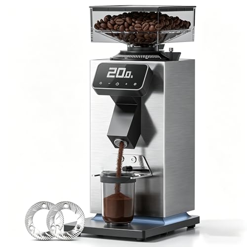 AMZCHEF Commercial Flat Burr Espresso Bean Grinder, Black&Silver | All-Metal Chamber, Anti-Static Tech, Simple to Clean, 90 Precise Settings, Stainless Steel Housing for Rock-solid stability