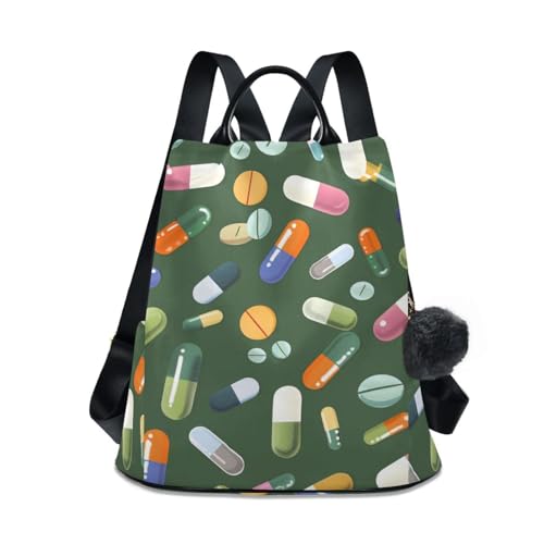 KLL Colorful Various Pills Green Fashion carry on backpack multipurpose large backpack for women for Daily College Shopping with Pom-pom keychain