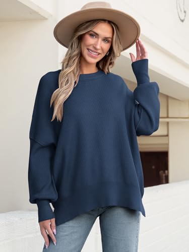 Image of ANRABESS Women Oversized Sweaters Batwing Long Sleeve 2026 Fall Outfits Crewneck Casual Knit Side Slit Fashion Pullover Top