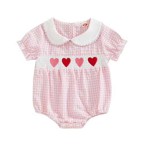 Filgriox Newborn Baby Girl Romper Bow Embroidery Peter Pan Collar Short Sleeve Bubble Bodysuit Summer Clothes (Heart Pink, 0-3 Months)