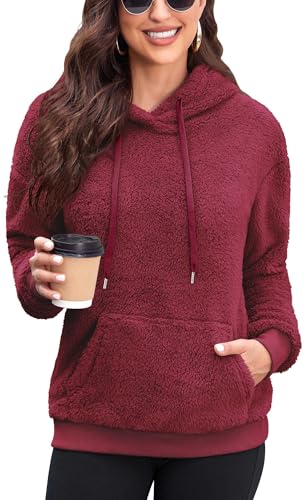 Neineiwu Damen Pullover Teddy Hoodie Fleece Sweatshirt Loose Pulli Oberteile mit Tasche,weinrot,L