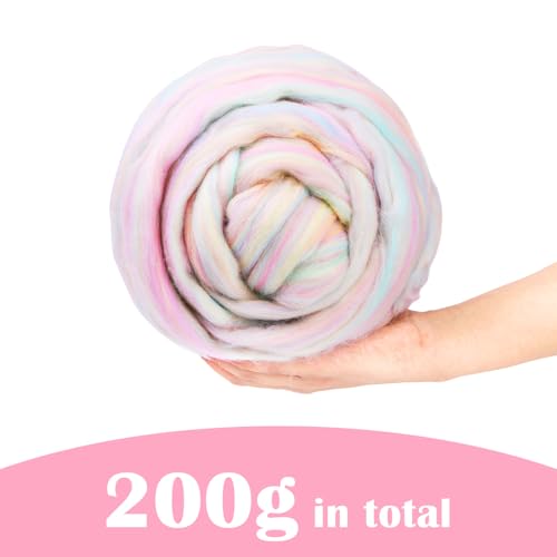 Image of Wool Roving 7.02oz Colored Natural Needle Felting Wool Bulk for Spinning, Arm Knitting Blanket, Wet Felting, handcrafts, Yarn Roving for DIY Craft Materials(Marshmallow Ombre)