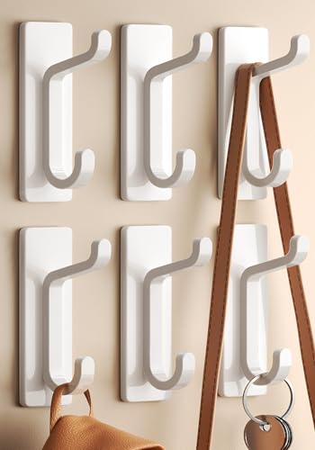 Stick on Hooks for Hanging - Extra Sticky 6KG (Max), Coat Hook on Door for Towel Coat Hat Key, Metal Stainless Heavy Duty, Self Adhesive Hangers Wall Mounted for Bathroom Shower Kitchen, White, 6 Pack