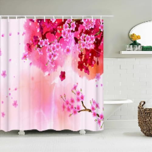 Rideau de douche imperméable en polyester à motif fleur de cerisier 3D 176x178cm - 2