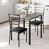 GarveeMore 3-Teiliges Küchentisch-Set, Esstisch Mit 2 Stühlen Für Kleine Räume, Quadratischer Esstisch Aus Metall Und Holz Mit 2 Gepolsterten Stühlen Für 2, Grau