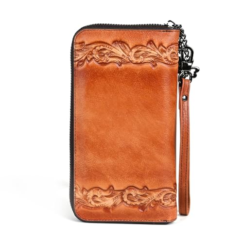 Genuine Leather Women's Wallet Flower Pattern Wristlet Long Wallet Card Holder (Brown)2