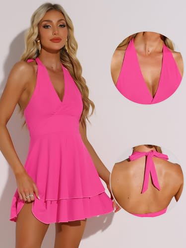 Image of Allegra K Halter Dress for Women's Party Skater Ruffle Backless Slim Fit Short Mini Dresses